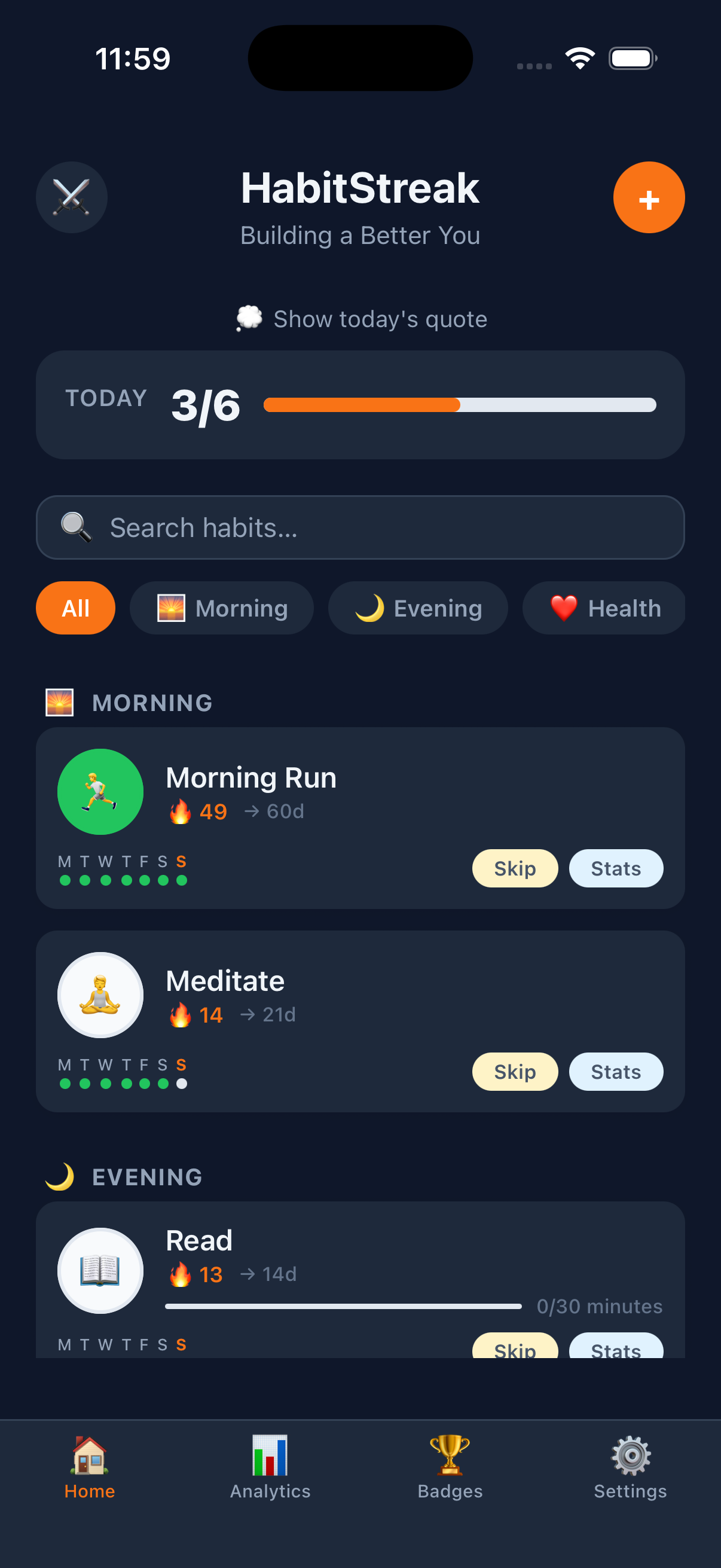 Habiro home screen with today's habits and streaks